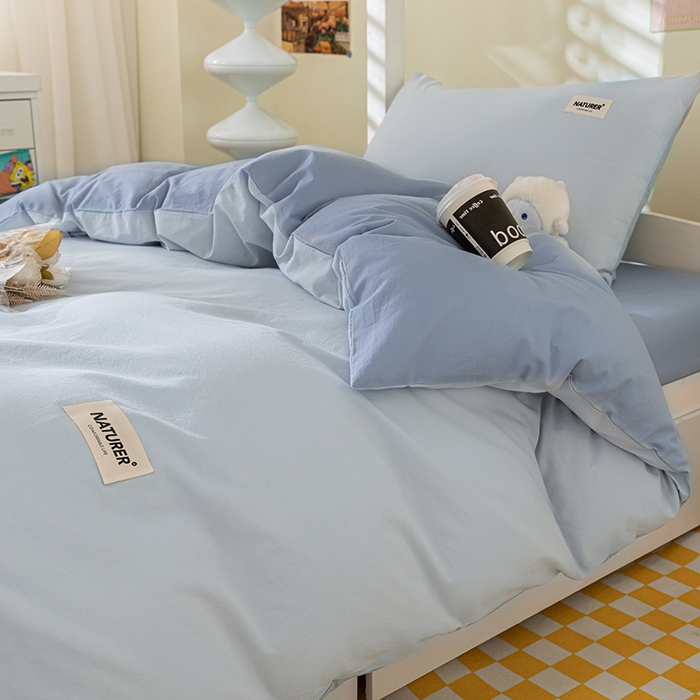 91家纺网 家纺一手货源 找家纺 佳汐蓝家纺 2025新款A类全棉水洗棉学生三件套 贴标-天空蓝+海青