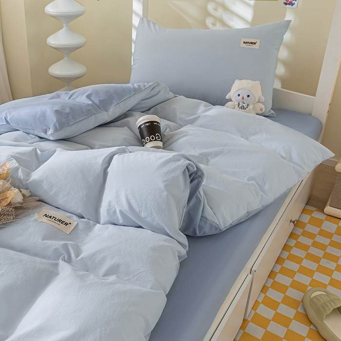 91家纺网 家纺一手货源 找家纺 佳汐蓝家纺 2025新款A类全棉水洗棉学生三件套 贴标-天空蓝+海青