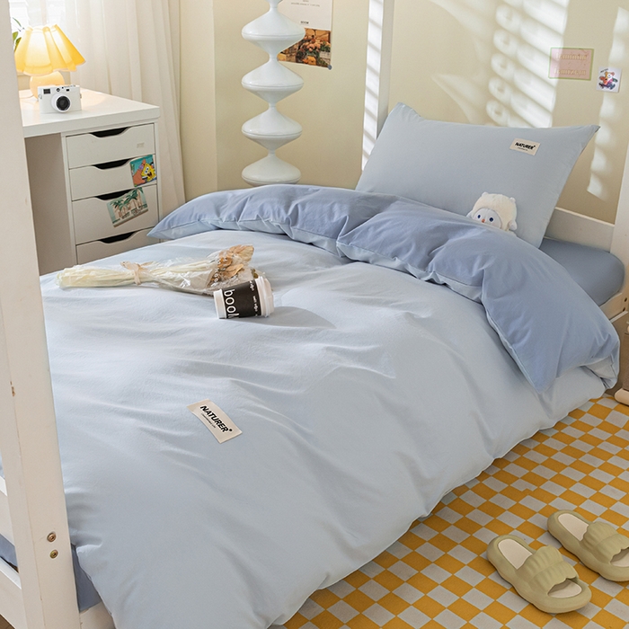 91家纺网 家纺一手货源 找家纺 佳汐蓝家纺 2025新款A类全棉水洗棉学生三件套 贴标-天空蓝+海青