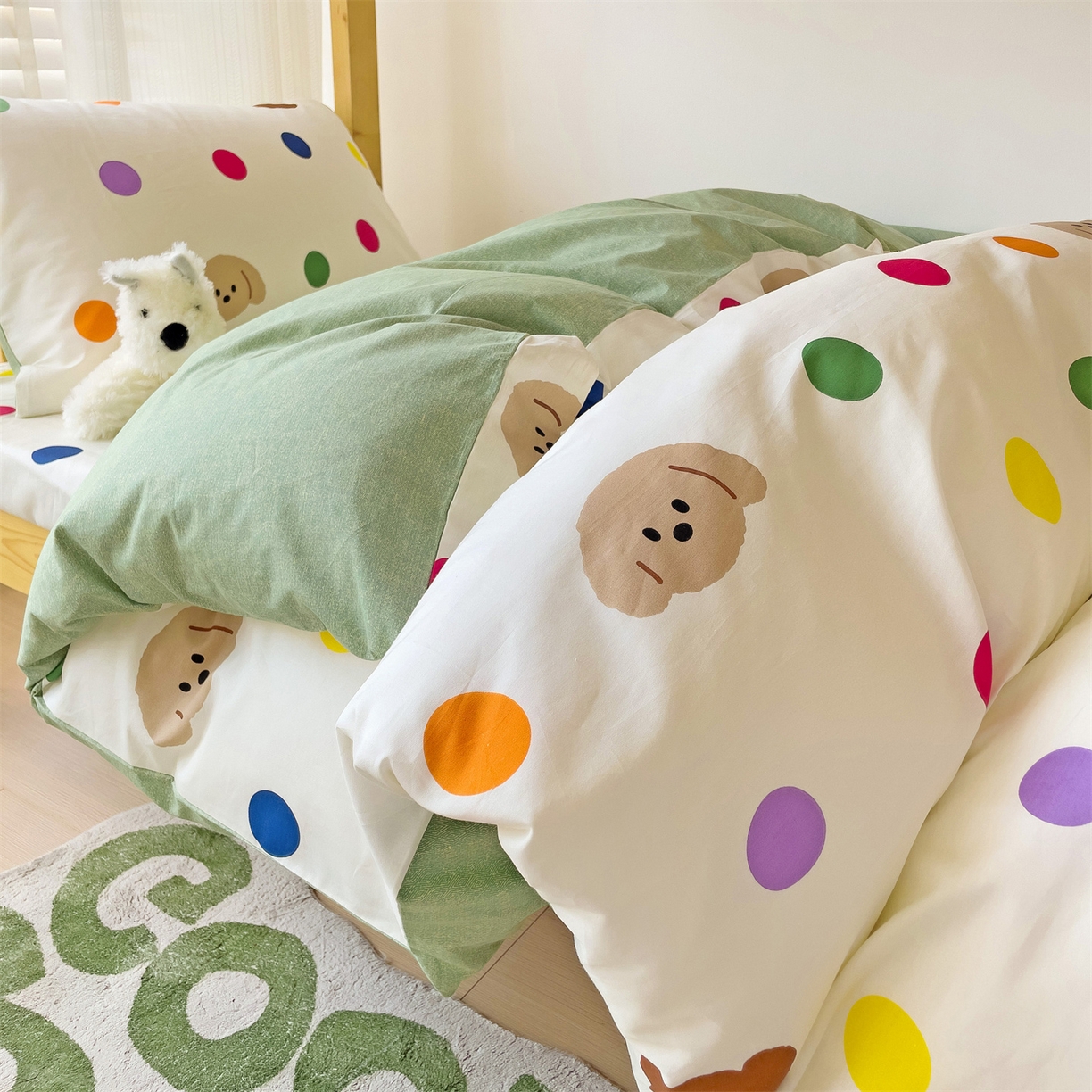 91家纺网 家纺一手货源 找家纺 名兮2025新款全棉纯棉13372学生床多件套 波点小熊