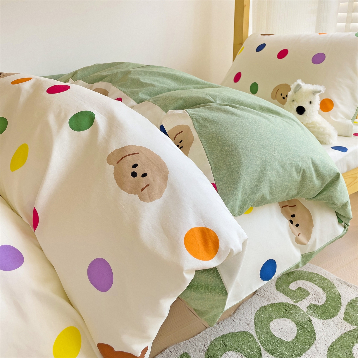 91家纺网 家纺一手货源 找家纺 名兮2025新款全棉纯棉13372学生床多件套 波点小熊