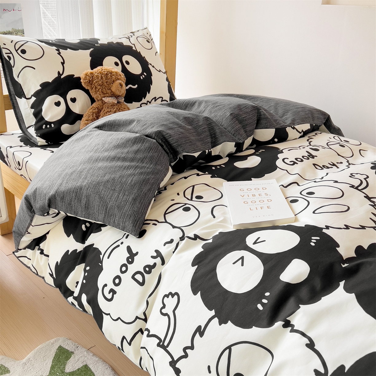 91家纺网 家纺一手货源 找家纺 名兮2025新款全棉纯棉13372学生床多件套 黑煤球