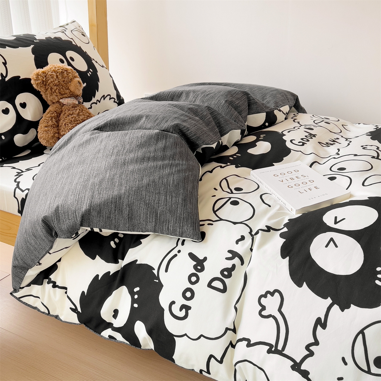 91家纺网 家纺一手货源 找家纺 名兮2025新款全棉纯棉13372学生床多件套 黑煤球