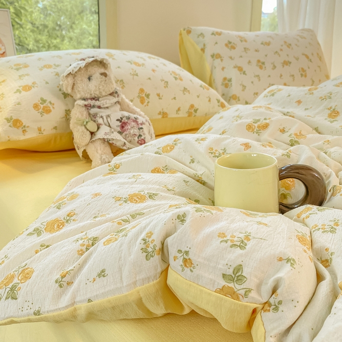 91家纺网 家纺一手货源 找家纺 （总）雅阁尔家纺 2025新款直播小红书ins风针织提花双层纱四件套小碎花被套床笠三件套-叠拍