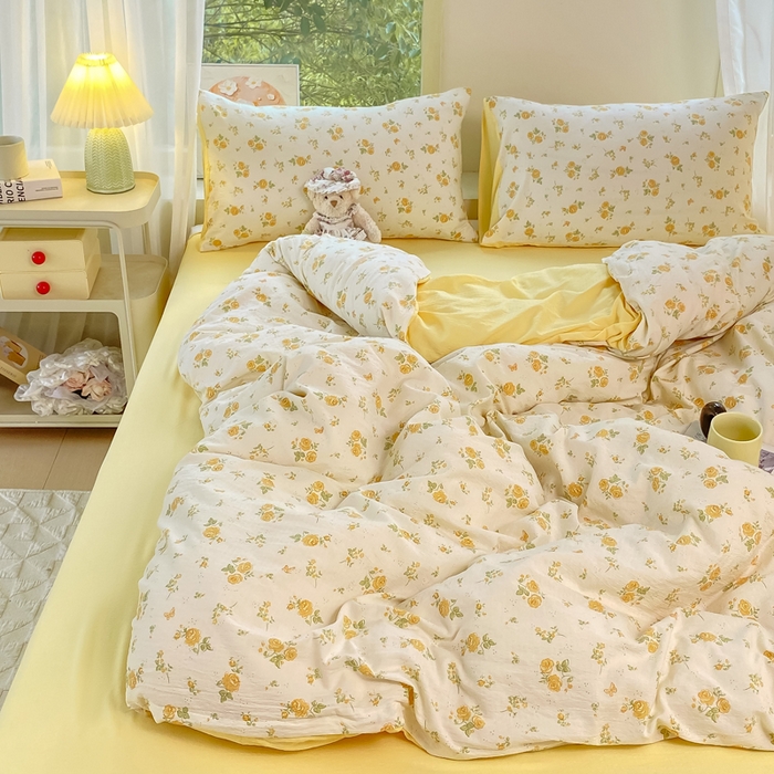 91家纺网 家纺一手货源 找家纺 （总）雅阁尔家纺 2025新款直播小红书ins风针织提花双层纱四件套小碎花被套床笠三件套-叠拍