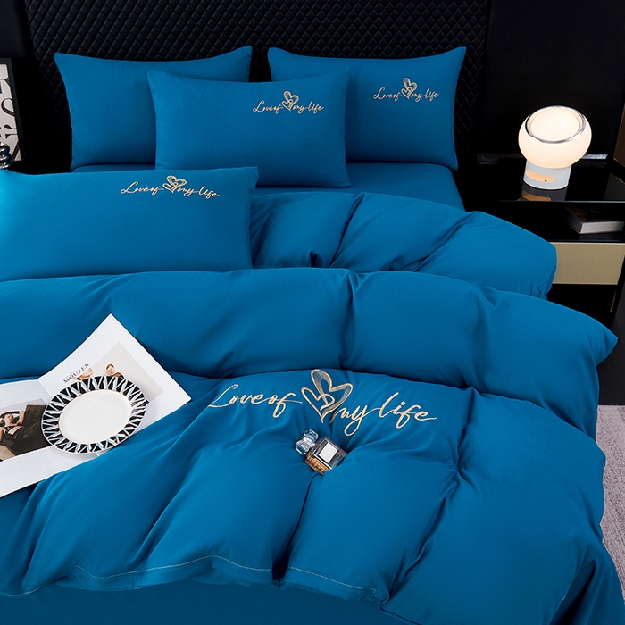 91家纺网 家纺一手货源 找家纺 鑫缘家纺 2025新款水洗磨毛纯色绣花四件套（110克） 宝石蓝