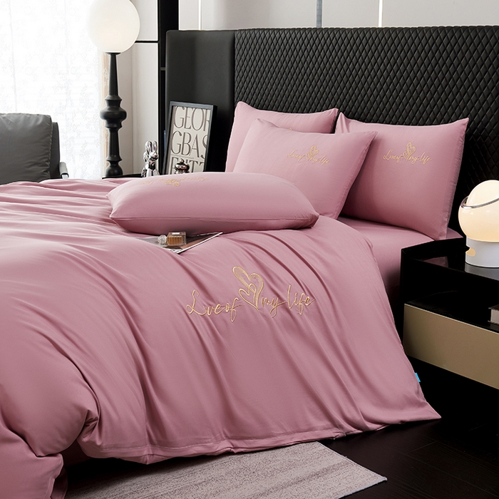 91家纺网 家纺一手货源 找家纺 鑫缘家纺 2025新款水洗磨毛纯色绣花四件套（110克） 浅豆沙