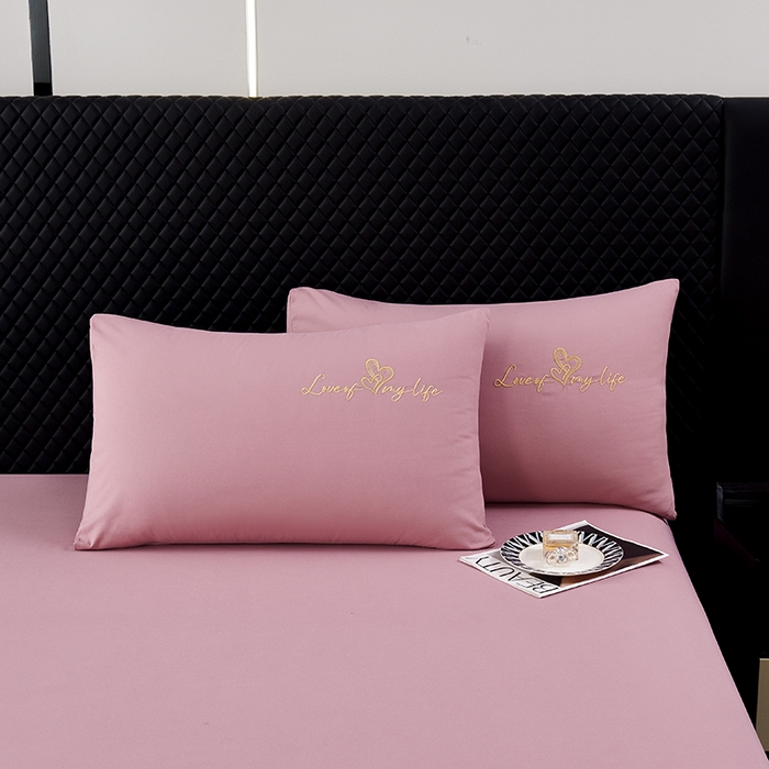 91家纺网 家纺一手货源 找家纺 鑫缘家纺 2025新款水洗磨毛纯色绣花四件套（110克） 浅豆沙