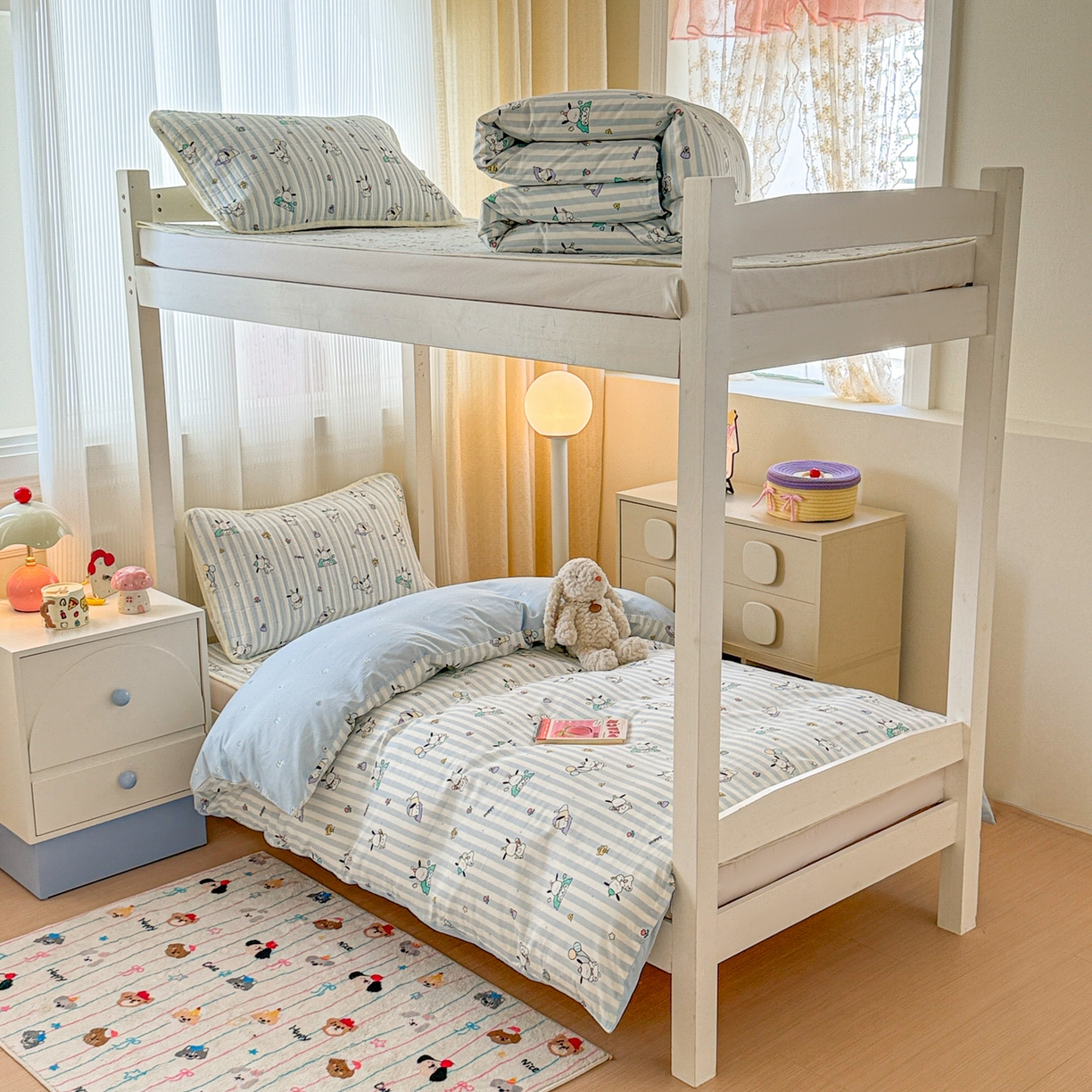 沐辰 2025春夏新款A类全棉纯棉学生床床盖三件套 蓝白狗狗