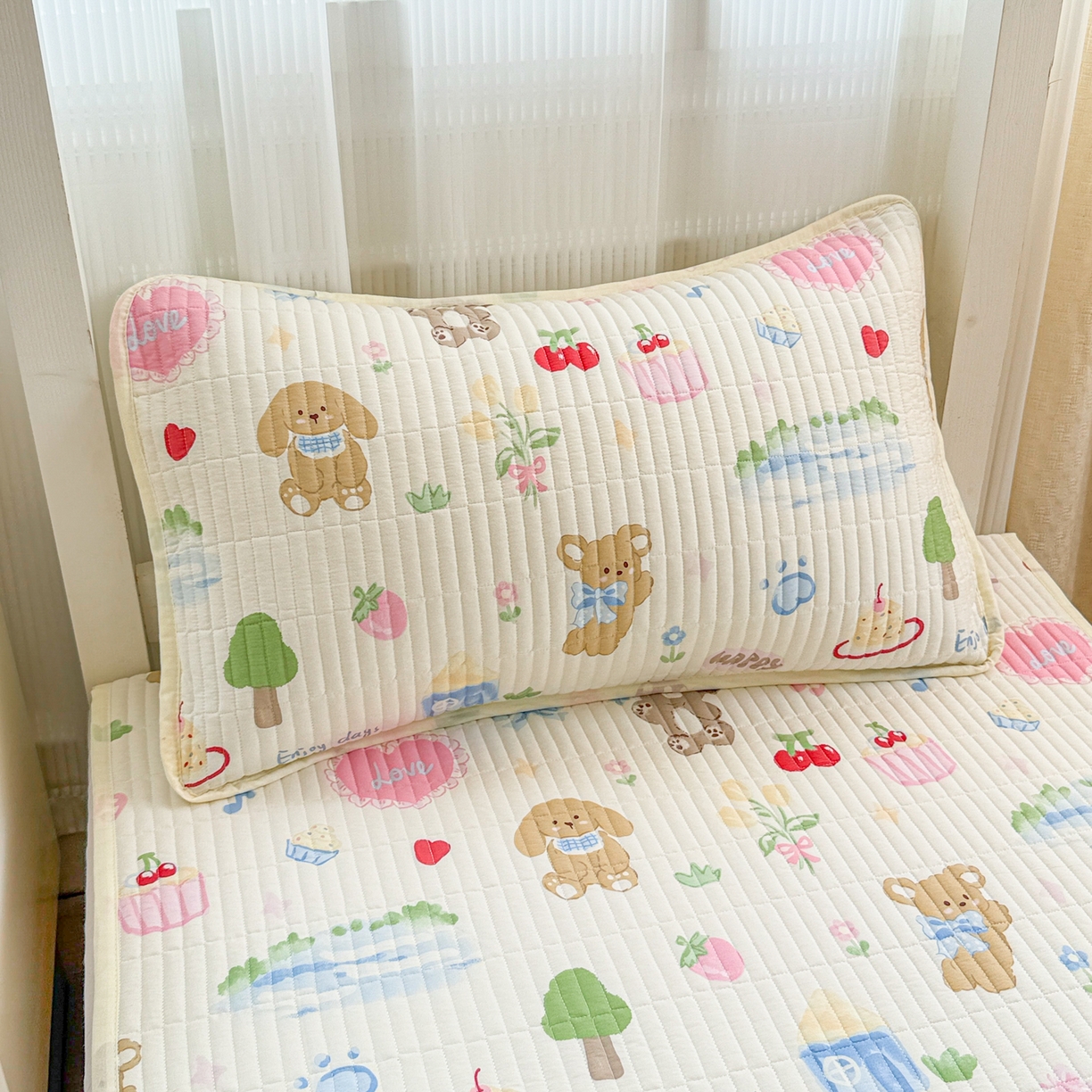 91家纺网 家纺一手货源 找家纺 沐辰 2025春夏新款A类全棉纯棉学生床床盖三件套 梦幻小狗