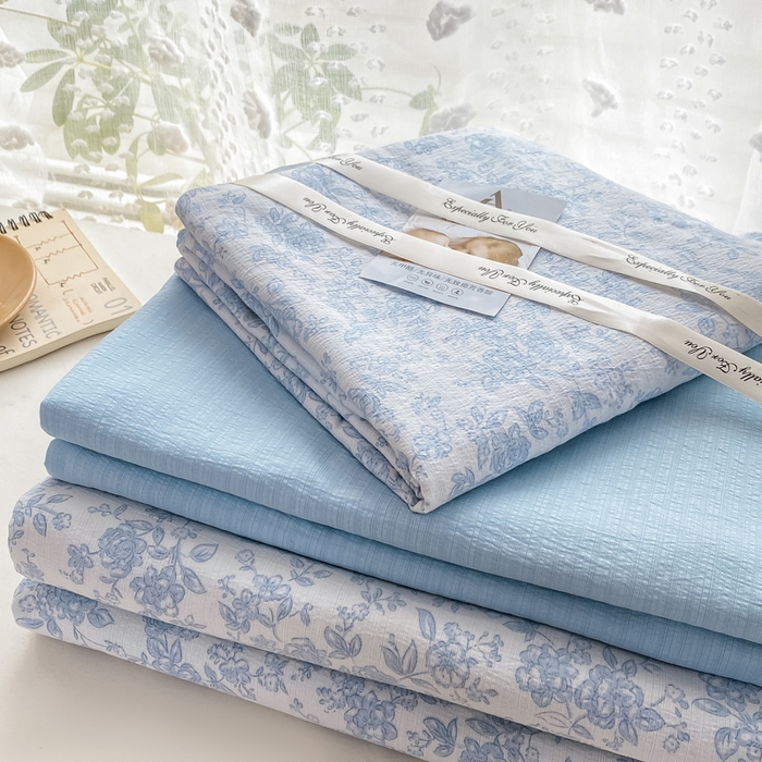 雅阁尔家纺 2025新款直播小红书ins风针织提花双层纱四件套小碎花被套床笠三件套-叠拍 蓝玫瑰