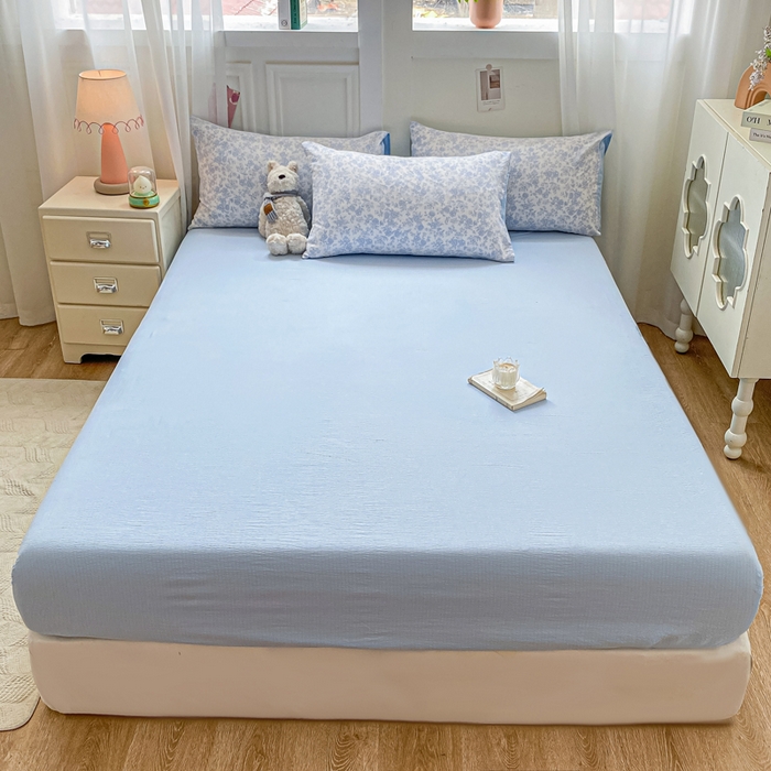 91家纺网 家纺一手货源 找家纺 雅阁尔家纺 2025新款直播小红书ins风针织提花双层纱四件套小碎花被套床笠三件套-叠拍 蓝玫瑰