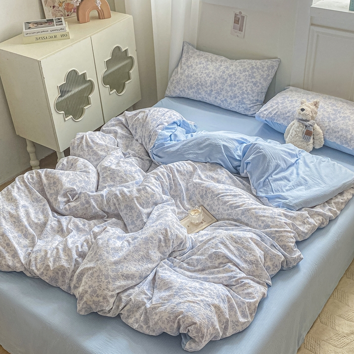 91家纺网 家纺一手货源 找家纺 雅阁尔家纺 2025新款直播小红书ins风针织提花双层纱四件套小碎花被套床笠三件套-叠拍 蓝玫瑰