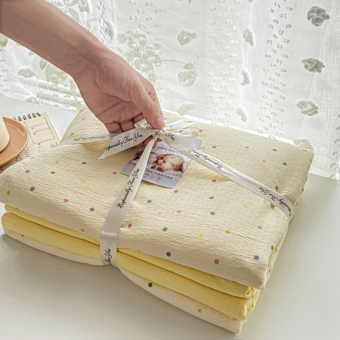 91家纺网 家纺一手货源 找家纺 雅阁尔家纺 2025新款直播小红书ins风针织提花双层纱四件套小碎花被套床笠三件套-叠拍 彩色波波