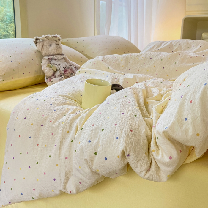 91家纺网 家纺一手货源 找家纺 雅阁尔家纺 2025新款直播小红书ins风针织提花双层纱四件套小碎花被套床笠三件套-叠拍 彩色波波