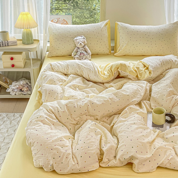 91家纺网 家纺一手货源 找家纺 雅阁尔家纺 2025新款直播小红书ins风针织提花双层纱四件套小碎花被套床笠三件套-叠拍 彩色波波