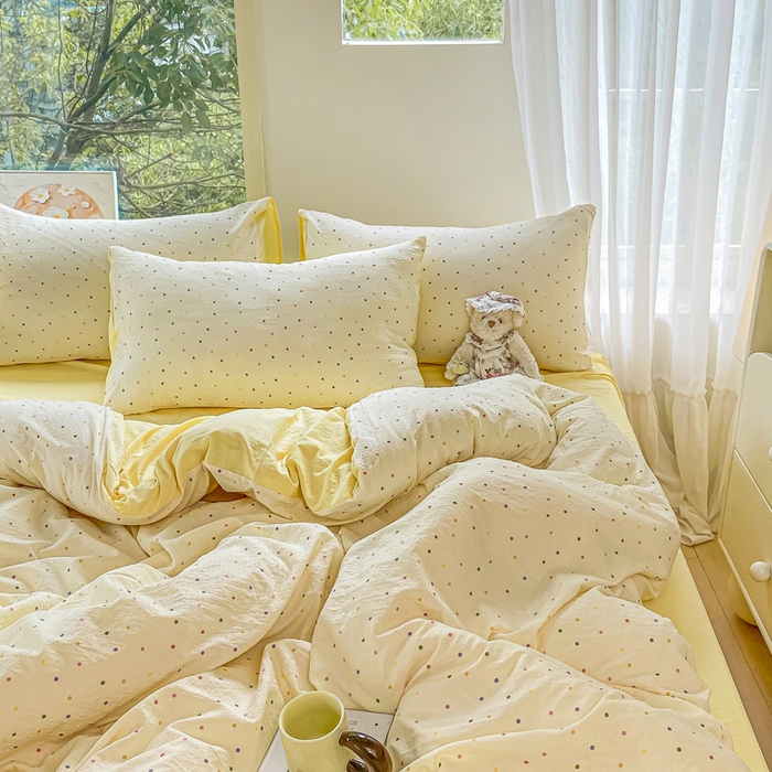 91家纺网 家纺一手货源 找家纺 雅阁尔家纺 2025新款直播小红书ins风针织提花双层纱四件套小碎花被套床笠三件套-叠拍 彩色波波