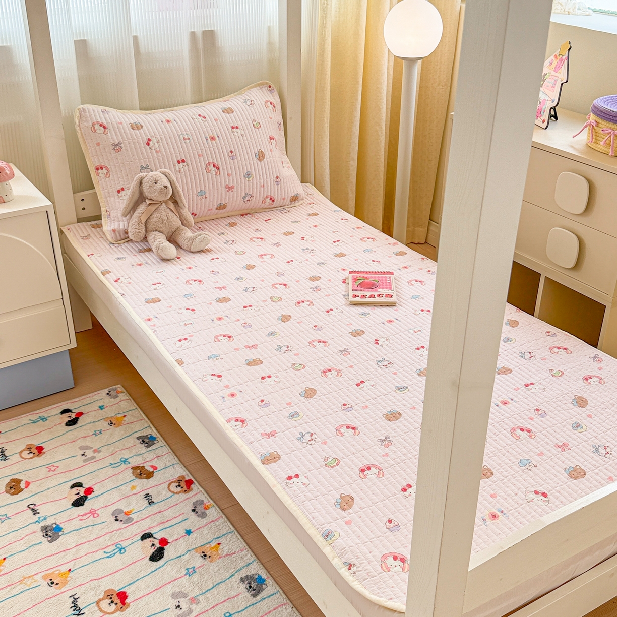 91家纺网 家纺一手货源 找家纺 沐辰 2025春夏新款A类全棉纯棉学生床床盖三件套 奶油猫咪