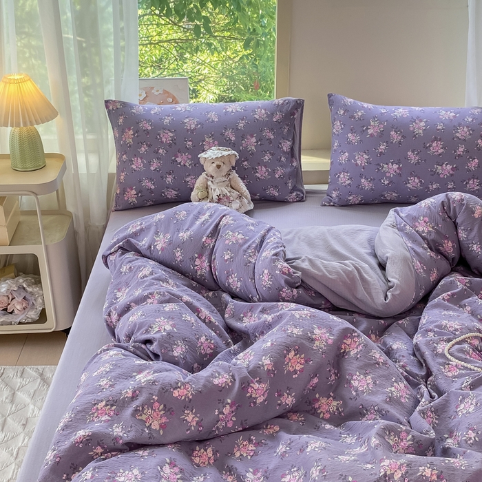 91家纺网 家纺一手货源 找家纺 雅阁尔家纺 2025新款直播小红书ins风针织提花双层纱四件套小碎花被套床笠三件套-叠拍 豆蔻年华