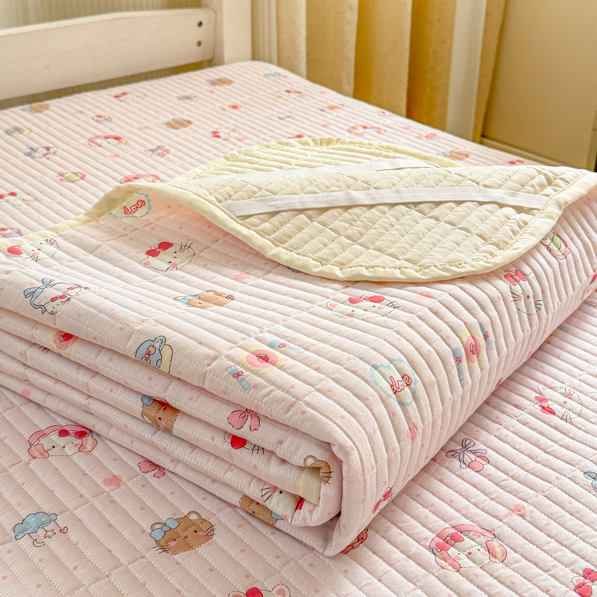 91家纺网 家纺一手货源 找家纺 沐辰 2025春夏新款A类全棉纯棉学生床床盖三件套 奶油猫咪