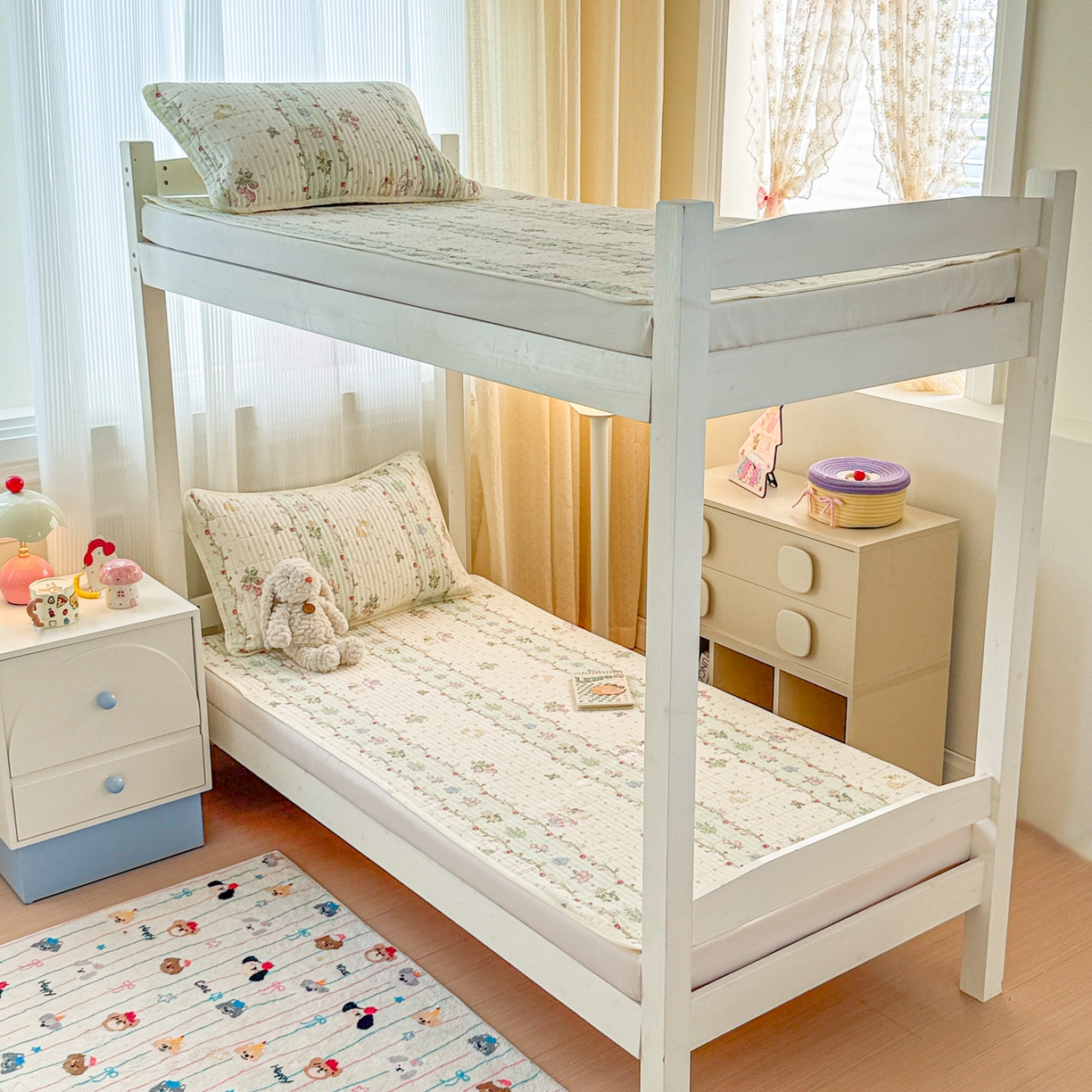 91家纺网 家纺一手货源 找家纺 沐辰 2025春夏新款A类全棉纯棉学生床床盖三件套 青葱兔