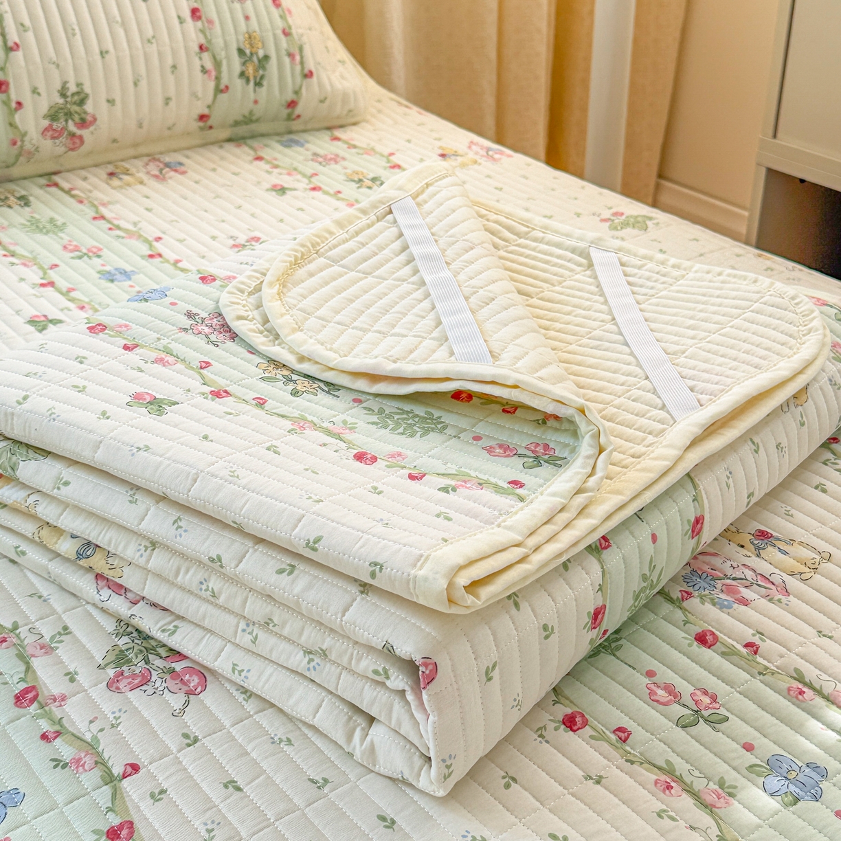 91家纺网 家纺一手货源 找家纺 沐辰 2025春夏新款A类全棉纯棉学生床床盖三件套 青葱兔