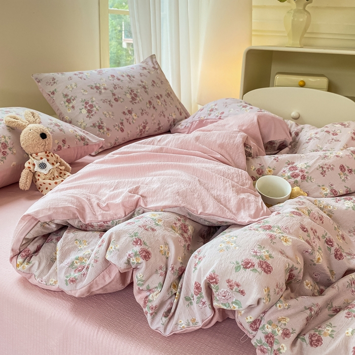 91家纺网 家纺一手货源 找家纺 雅阁尔家纺 2025新款直播小红书ins风针织提花双层纱四件套小碎花被套床笠三件套-叠拍 玫瑰物语