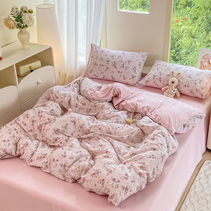 91家纺网 家纺一手货源 找家纺 雅阁尔家纺 2025新款直播小红书ins风针织提花双层纱四件套小碎花被套床笠三件套-叠拍 玫瑰物语