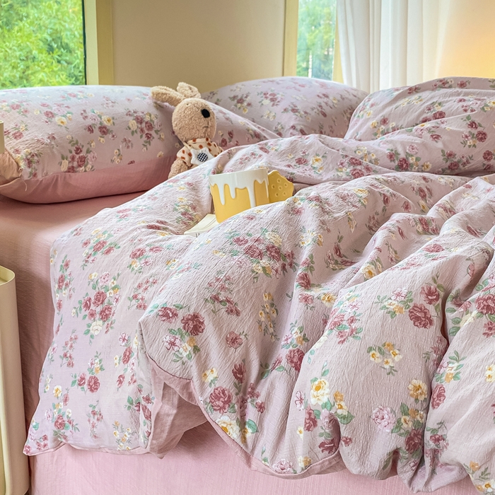 91家纺网 家纺一手货源 找家纺 雅阁尔家纺 2025新款直播小红书ins风针织提花双层纱四件套小碎花被套床笠三件套-叠拍 玫瑰物语