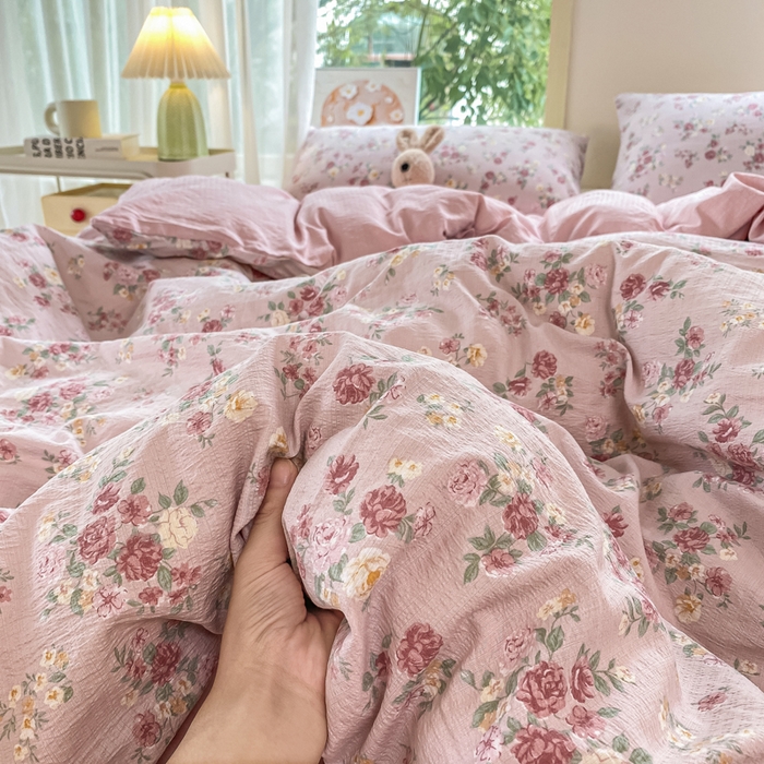 91家纺网 家纺一手货源 找家纺 雅阁尔家纺 2025新款直播小红书ins风针织提花双层纱四件套小碎花被套床笠三件套-叠拍 玫瑰物语