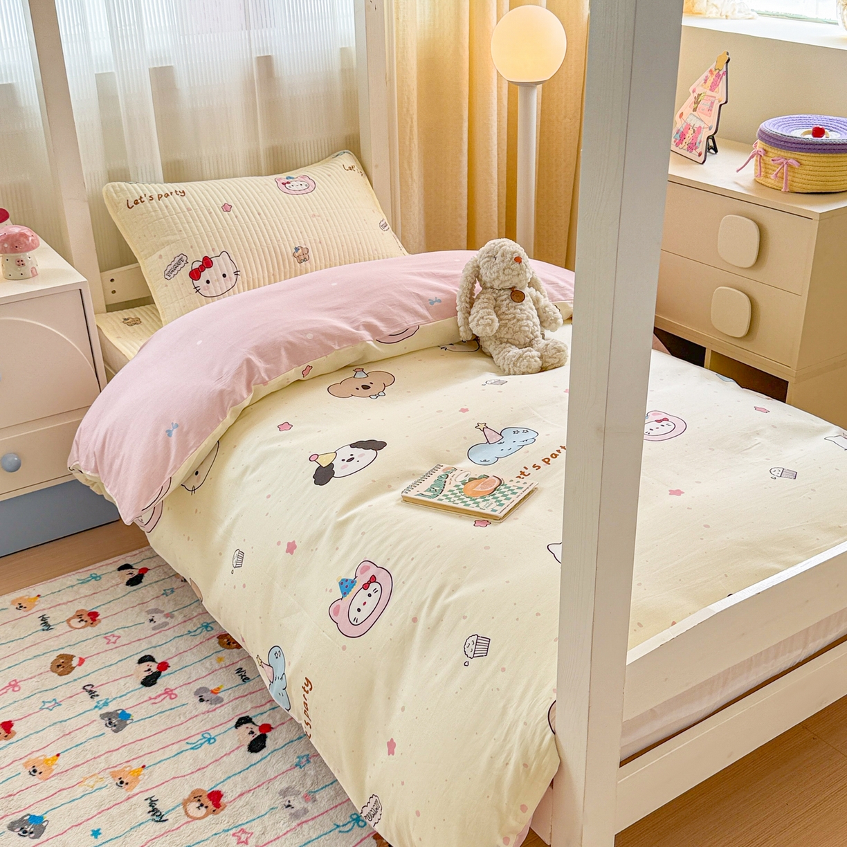 91家纺网 家纺一手货源 找家纺 沐辰 2025春夏新款A类全棉纯棉学生床床盖三件套 生日派对