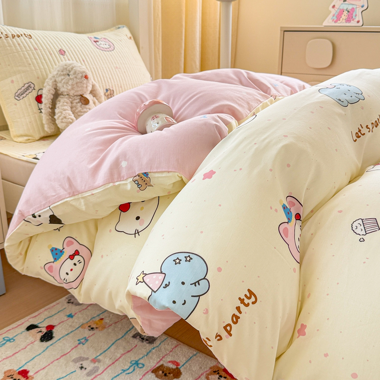 91家纺网 家纺一手货源 找家纺 沐辰 2025春夏新款A类全棉纯棉学生床床盖三件套 生日派对