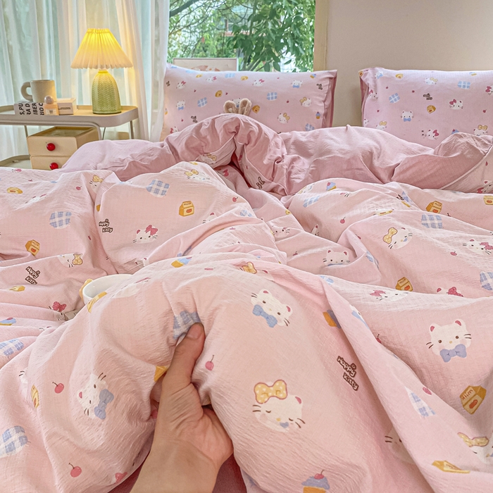 91家纺网 家纺一手货源 找家纺 雅阁尔家纺 2025新款直播小红书ins风针织提花双层纱四件套小碎花被套床笠三件套-叠拍 咪咪宝贝