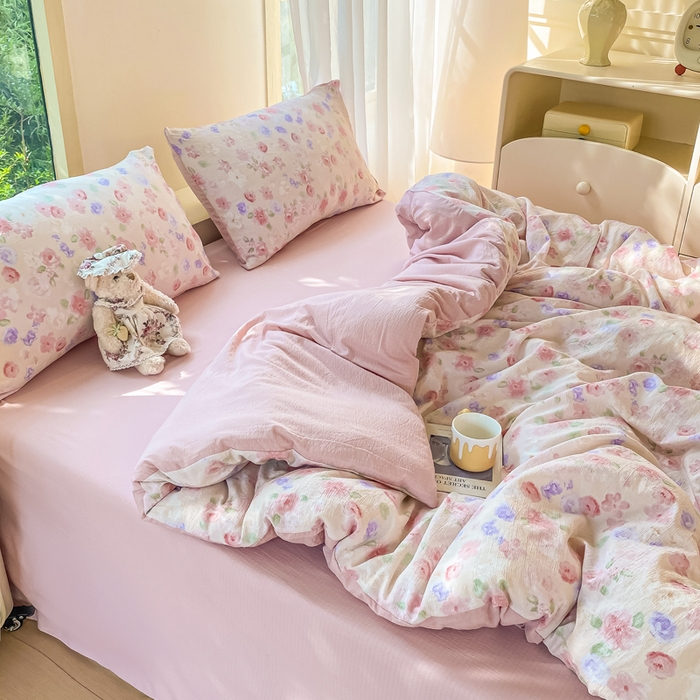 91家纺网 家纺一手货源 找家纺 雅阁尔家纺 2025新款直播小红书ins风针织提花双层纱四件套小碎花被套床笠三件套-叠拍 山花烂漫