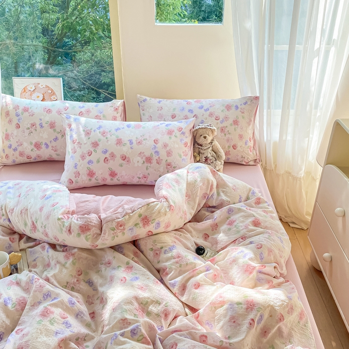 91家纺网 家纺一手货源 找家纺 雅阁尔家纺 2025新款直播小红书ins风针织提花双层纱四件套小碎花被套床笠三件套-叠拍 山花烂漫