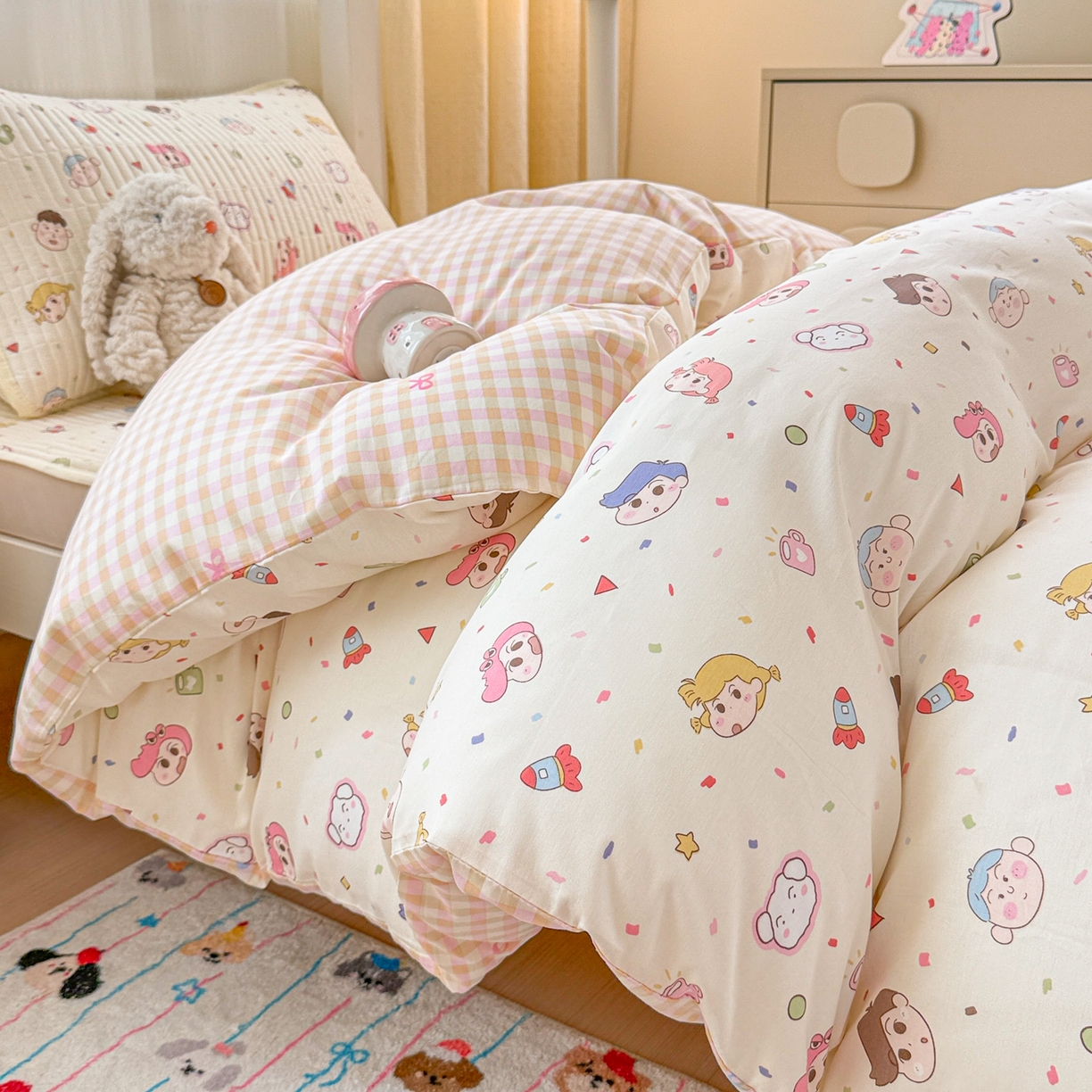 91家纺网 家纺一手货源 找家纺 沐辰 2025春夏新款A类全棉纯棉学生床床盖三件套 幼稚园