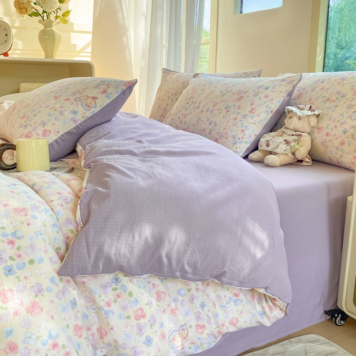 91家纺网 家纺一手货源 找家纺 雅阁尔家纺 2025新款直播小红书ins风针织提花双层纱四件套小碎花被套床笠三件套-叠拍 逃之夭夭