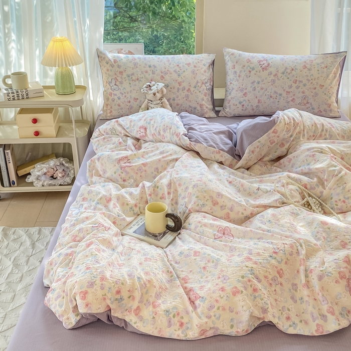 91家纺网 家纺一手货源 找家纺 雅阁尔家纺 2025新款直播小红书ins风针织提花双层纱四件套小碎花被套床笠三件套-叠拍 逃之夭夭