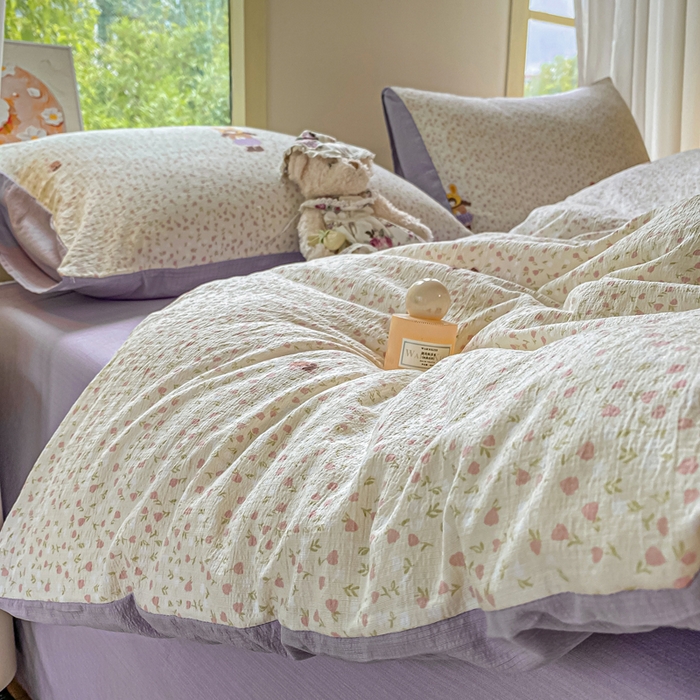 91家纺网 家纺一手货源 找家纺 雅阁尔家纺 2025新款直播小红书ins风针织提花双层纱四件套小碎花被套床笠三件套-叠拍 小萝莉