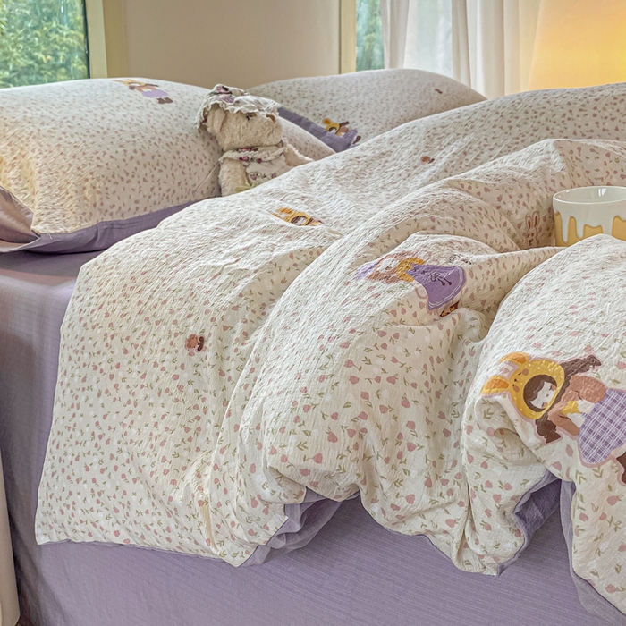 91家纺网 家纺一手货源 找家纺 雅阁尔家纺 2025新款直播小红书ins风针织提花双层纱四件套小碎花被套床笠三件套-叠拍 小萝莉