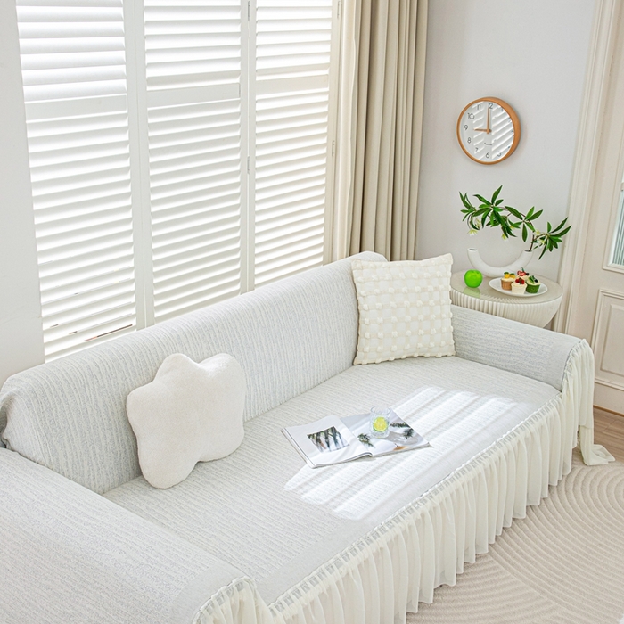 91家纺网 家纺一手货源 找家纺 沐沐家纺 2026春夏新款宛柔裙边沙发巾 宛柔裙边-灰色