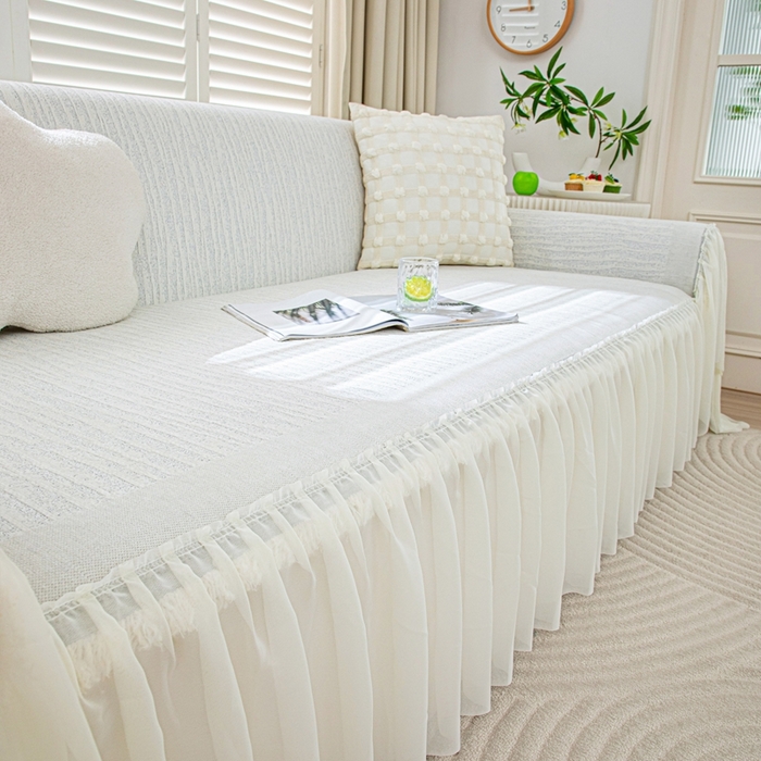 91家纺网 家纺一手货源 找家纺 沐沐家纺 2026春夏新款宛柔裙边沙发巾 宛柔裙边-灰色