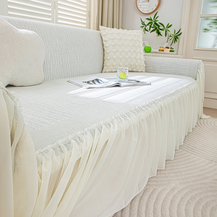 91家纺网 家纺一手货源 找家纺 沐沐家纺 2026春夏新款宛柔裙边沙发巾 宛柔裙边-灰色