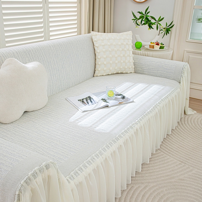 91家纺网 家纺一手货源 找家纺 沐沐家纺 2026春夏新款宛柔裙边沙发巾 宛柔裙边-灰色