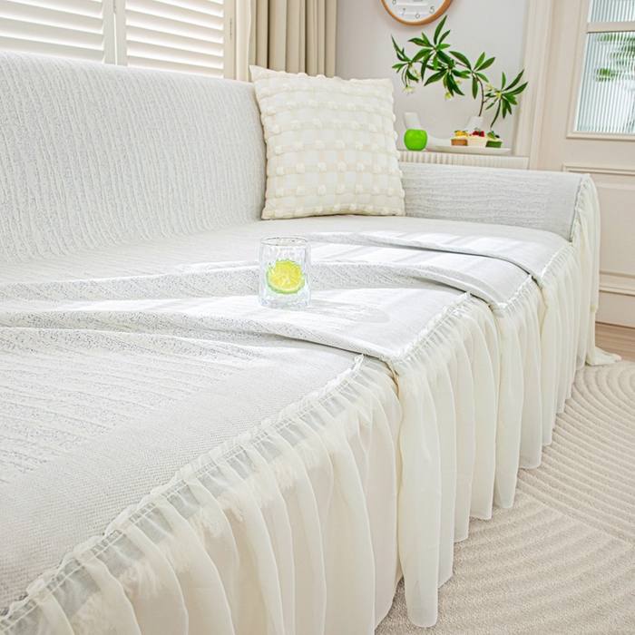 91家纺网 家纺一手货源 找家纺 沐沐家纺 2026春夏新款宛柔裙边沙发巾 宛柔裙边-灰色