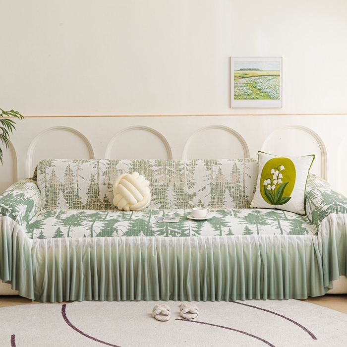 91家纺网 家纺一手货源 找家纺 沐沐家纺 2026春夏新款枝荫沙发巾 枝荫-柠檬绿