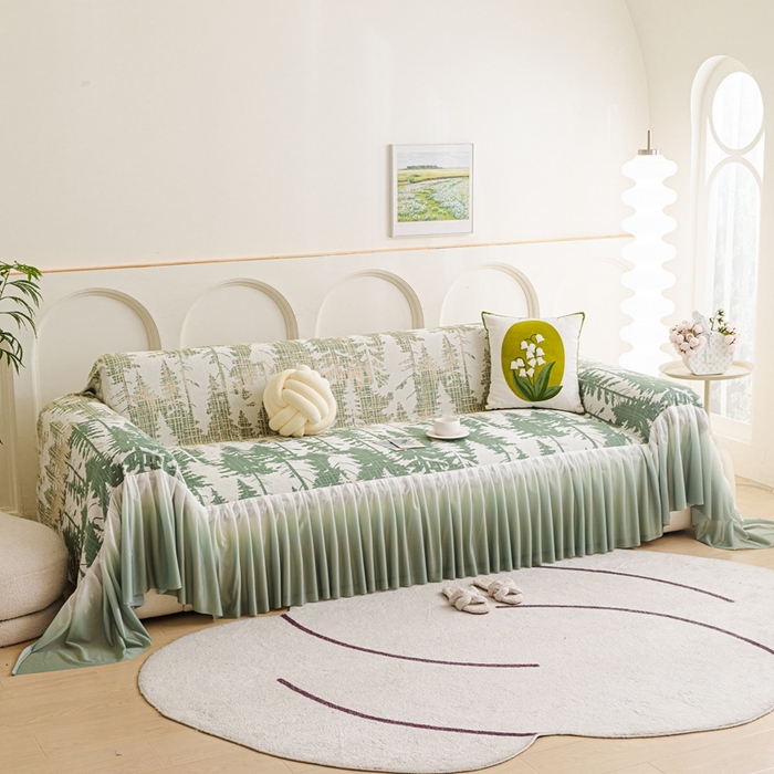 91家纺网 家纺一手货源 找家纺 沐沐家纺 2026春夏新款枝荫沙发巾 枝荫-柠檬绿