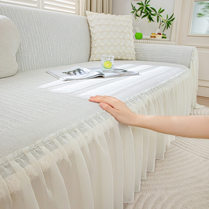 91家纺网 家纺一手货源 找家纺 沐沐家纺 2026春夏新款宛柔裙边沙发巾 宛柔裙边-灰色