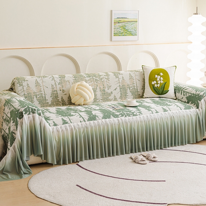 91家纺网 家纺一手货源 找家纺 沐沐家纺 2026春夏新款枝荫沙发巾 枝荫-柠檬绿