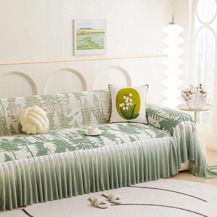 91家纺网 家纺一手货源 找家纺 沐沐家纺 2026春夏新款枝荫沙发巾 枝荫-柠檬绿